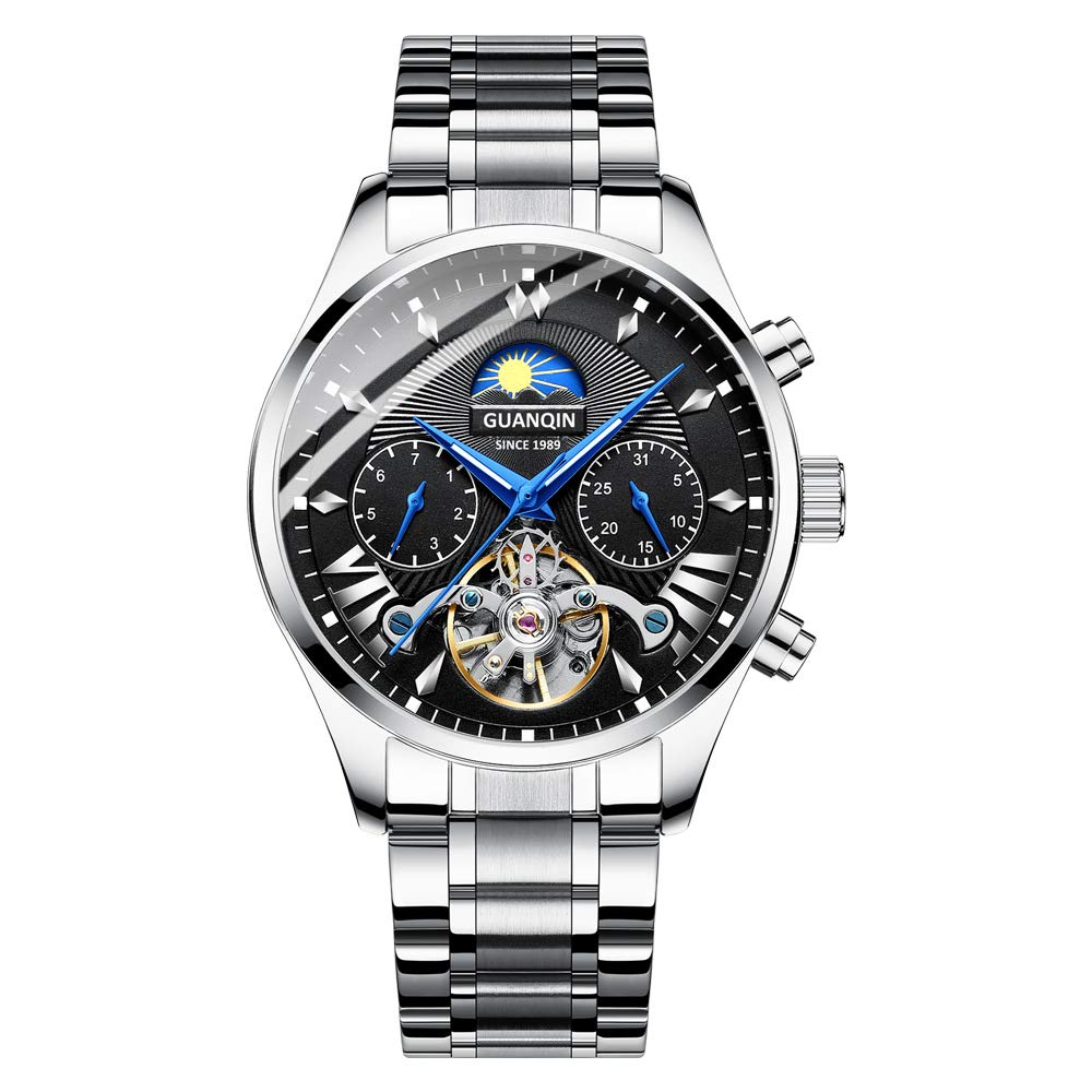 Guanqin Herren-Armbanduhr mit Kalender, analog, automatisch, selbstaufziehend, mechanisch, Skelett, mit Stahlband, Mondphase