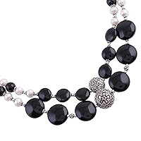 NOVICA Handmade Cultured Freshwater Pearl Onyx Double Strand Necklace .925 Sterling silver White Black Statement Beaded India Birthstone [21.75 in min L x 22.5 in max L 35 mm W] 'Midnight Dreams'
