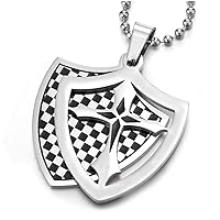 COOLSTEELANDBEYOND Mens Steel Dog Tag Knight Shield Cross Two-Pieces Pendant Necklace with Checker Pattern Silver Black