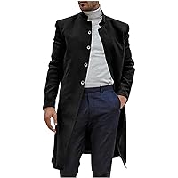 Mens Longline Trench Coats Winter Overcoat Fashion Single-Breasted Cardigan Stand Collar Woolen Jackets with Pocket
