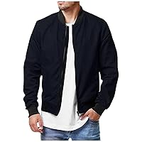 Men's Bomber Jacket Casual Trendy Solid Color Long Sleeve Standing Collar Zip Up Jacket Coat Outerwear