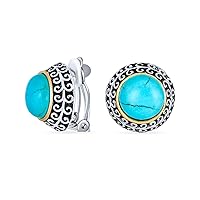 Balinese Button Style Two Tone Simulated Pearl Black Onyx Turquoise Dome Clip On Earrings For Women Non Pierced Oxidized Silver Plated