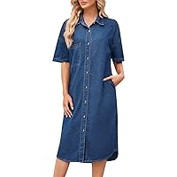Women's Dress Long Short Sleeved Denim Retro Washed and Distressed Simple Loose Button Casual Shirt