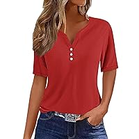 Womens Tops Henley Neck Buttons Sexy Shirts Summer Short Sleeve Dressy Blouses Plain Solid Color Casual Tshirts Clothes