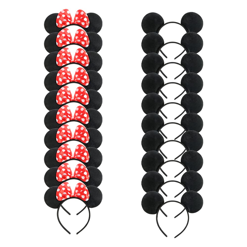 Comfecto 20 Pcs Set Mickey Minnie Headband Mouse Ears Pack for Boy Girl Birthday Party Celebration, Black Red Bow For Adults and Children Outfits