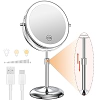 Benbilry Lighted Makeup Mirror with 10X Magnification & 3 Color Lights, Adjustable Brightness & Height, 7 Inch 360° Swivel Rechargeable LED Vanity Mirror, for Women Girls (Silver)