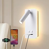 MOLUOLA LED Wall Lamp Wall Mounted Reading Lights, Adjustable Headboard Plug in Wall Sconce with USB C+A Ports, Headboard Bedside Lamp with 9W+3W Night Light 3000K (White)