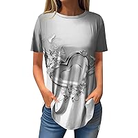 Floral Blouses for Women Short Sleeve Fashion Gradient Crew Neck T-Shirt Plus Size Tunic Going Out Tops Cute Tees