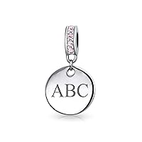 Engravable Initial Monogram Crystal Accent Bale Dangle Round Circle Disc Shaped Charm Bead For Women Teen .925 Sterling Silver European Bracelet Simulated Birthstone Colors