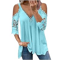 Womens Summer Top, Fashion Short Sleeve Strapless Casual T-Shirt, Daily Loose Fit Lace Tunic Zipper V-Neck Blouses