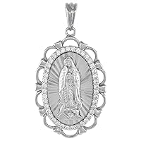 1 1/8 inch Oval Sterling Silver Cubic Zirconia Our Lady of Guadalupe Necklace Oval Micropave Halo Scalloped Frame Rhodium Finish 16-24 inch