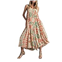 Womens Jumpsuits Dressy Vintage Floral Print Sleeveless Rompers Button V Neck Wide Leg One Piece Playsuit
