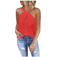 Womens Summer Tops 2023 Halter Summer Sleeveless Tshirt Tops Flowy Loose Fit Pleated Tank Top Basic Sexy Vest Cami A-red