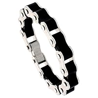 Stainless Steel Bicycle Chain Bracelet for Men Black Rubber Accent Thick 1/2 inch Wide, 8 inch Long
