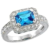 Sterling Silver Blue Topaz Cubic Zirconia Engagement Ring Emerald Cut 1 ½ ct cntr, Sizes 6-9