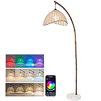 Retro Bamboo Floor Lamp - Unique Bohemian Hanging Arc Floor Lamp with Antique Rattan Style, RGB Colorful Dimmable Vertical Lamp for Dining Room Farmhouse Study Living Room