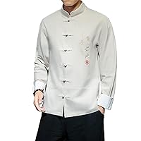 Men Long Sleeve Shirts Mens Traditional Chinese Clothing Men Cotton Embroidery Crane Kung Fu Hanfu Blouse Shirts