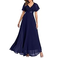 Women's Short Sleeves Bridesmaid Dresses Mother of Bride Dresses Tea Length Chiffon Formal Wedding Party Gown