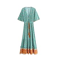 V-Neck Elastic Waist Vestidos Casual Maxi Floral Long Dress Women Bohemian Dresses