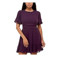 B Darlin Womens Purple Smocked Ruffled Keyhole Tie Back Lined Pouf Sleeve Jewel Neck Short Fit + Flare Dress Juniors 0