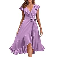 Women's Casual Dresses Summer Sundress Sleeveless V Neck Spring Boho Solid Elastic Waist Ruffle Maxi Dresses, S-2XL