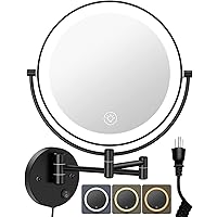 9” Wall Mounted Lighted Makeup Vanity Mirror with 3 Color Dimming Lights, Large Size 1X/10X Magnifying Double Sided LED Cosmetic Mirror, 360°Swivel Extendable Round Shaving Mirror