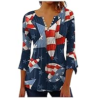 July Fourth Shirts 3/4 Length Sleeve Womens Tunic Blouses Henley Shirt Trendy Striped Tees Three Quarter Sleeve Top