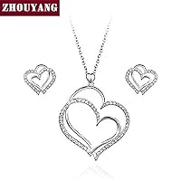 cal Double Hearts Silver Color Jewelry Set Necklace + Earrings Made with Austrian Crystals