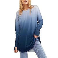 Leaky Thumb Top for Women Long Sleeve Solid Color Crewneck Tops Fashion Lightweight Gradient Medium Length Shirt