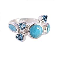 Larimar & Blue Topaz Gemstone 925 Solid Sterling Silver Ring Pretty Looking Handmade Jewellery Birthday Gift