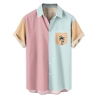 Mens Patchwork Short Sleeve Tee Shirt, Casual Button Down Hawaiian Shirt with Chest Pocket, Beach T-Shirt Active Tops