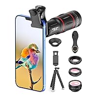 APEXEL 4 in 1 Phone Photography Kit, Lens Set with Flexible Phone Tripod, 18X Telephoto Lens, Fisheye, Macro & Wide Angle Lens for iPhone 13/12/11//XS Max/XR/XS/X Samsung One Plus