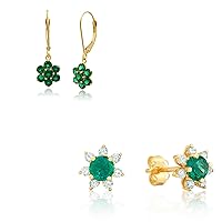 14k Yellow Gold Created Green Emerald Flower Dangle and Diamond Flower Halo Stud Earrings Set for Women | Birthstones Earrings with Leverback | 4mm Birthstone Earrings with Push Backs by MAX + STONE