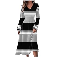 Dresses for Women Fall Winter Casual Fashion V-Neck Long Sleeve Gradient Print Long Dress