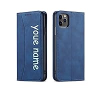 Personalized PU Leather Flip Phone Case with Your Name,Custom Phone Case for iPhone 15 14 13 Pro Pro Max, Credit Card Holder Kickstand Shockproof Case, Great Gift Idea for Wife Couple (Blue)