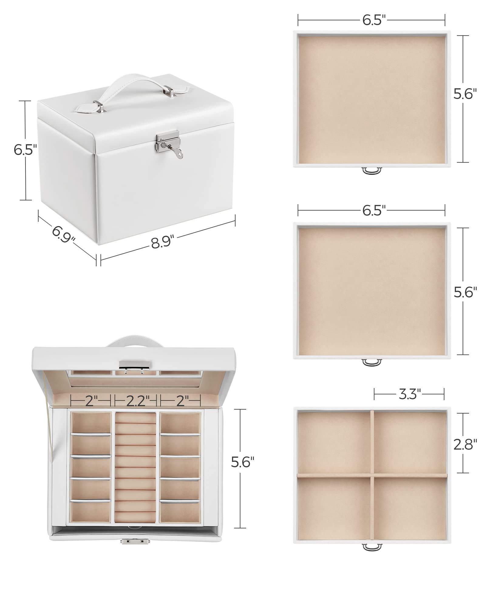 SONGMICS 4-Tier Jewelry Box, Lockable Jewelry Organizer with Handle, 3 Drawers, Travel Jewelry Case with Mirror, Jewelry Storage, Modern Style, Gift for Loved Ones, White UJBC159W01