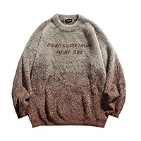 Winter Gradient Loose Knitted Sweater Japanese Retro Letter Embroidered Round Neck Sweater for Men