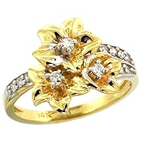 Silver City Jewelry 14k Yellow Gold Triple Plumeria Flower Ring with Diamond 0.27cttw, 5/8 inch Wide