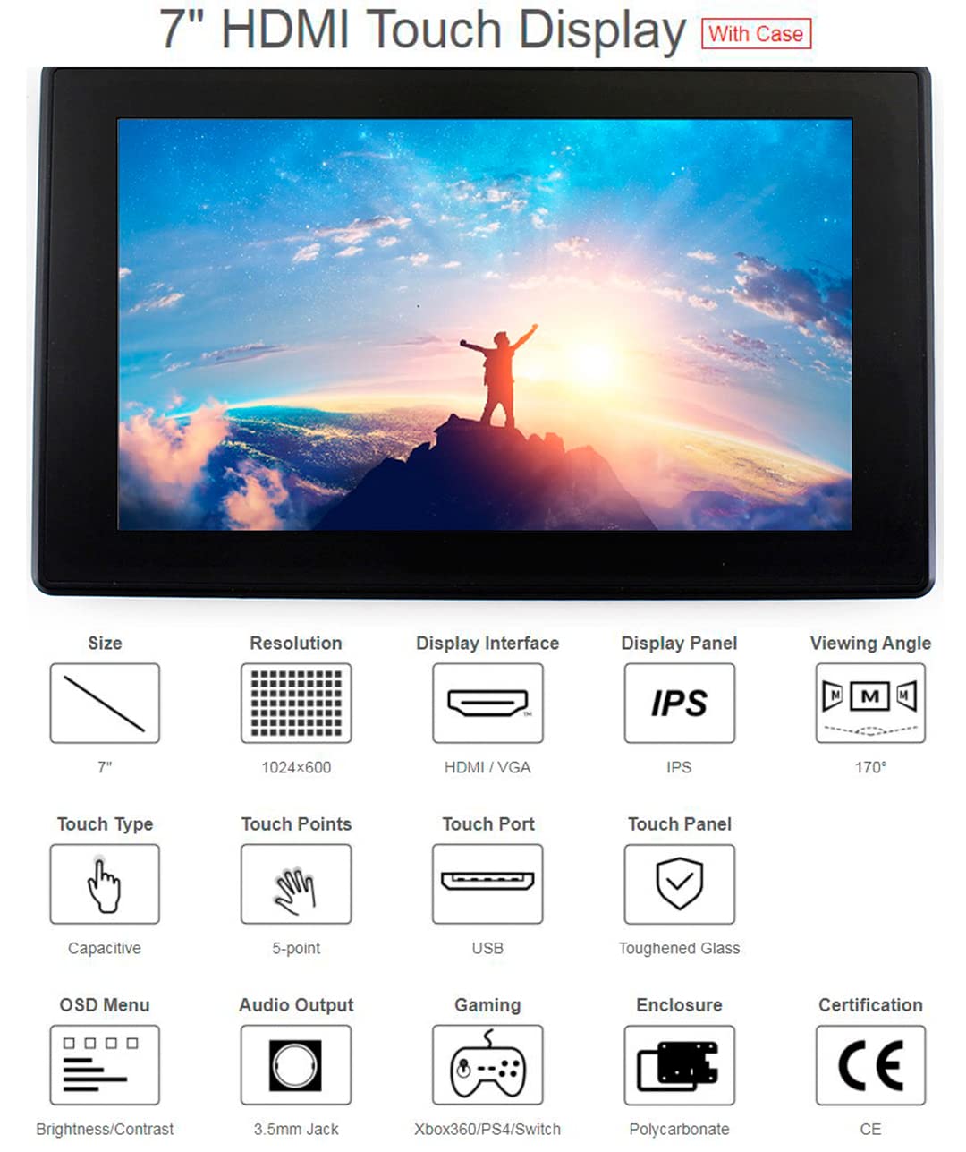 7inch HDMI LCD (H) (with case) Capacitive Touch Screen 1024x600 IPS Display Monitor with Toughened Glass Cover Support All Raspberry Pi 4B/3B+/3B/2B/Zero/Jetson Nano/Banana Pi/Windows 10/8/7