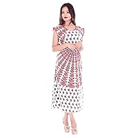 Indian 100% Cotton Women Maxi Boho Long Dress Plus Size Mandala Print White Color