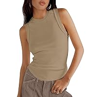 Womens 2024 Ribbed Tank Tops Summer Sleeveless High Neck Curved Hem Exposed Seam Slim Fitted Basic Shirts