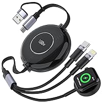 100W Multi Charging Cable, 6 in 1 Retractable iPhone Iwatch Charger Cable, 3 in 2 Retractable iPhone 15 and iWatch Fast Charging Cable for iPhone 15 Apple Watch Series, iPhone & Pad Series,Mac Book