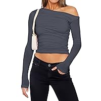 Women's Off The Shoulder Y2k Long Sleeve Crop Top Cute Going Out Tops Sexy Tee Shirts Tops Ruched Slim Fitted Tee