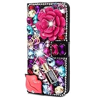 Crystal Wallet Case Compatible with Samsung Galaxy S9 - Flower Lipstick Lips - Colorful - 3D Handmade Glitter Bling Leather Cover with Screen Protector & Neck Strip Lanyard