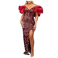 Winter Formal Dresses, Maxi Dresses for Women 2024 Body Dress Vestido De Verano para Mujer 2025 Blanco Women's Solid Color Fashion Sexy Ruffle V-Neck Sequin Evening Dress Elegant (3XL, Red)