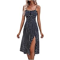 Summer Polka Dots Cami Dress Women Spaghetti Strap Split Thigh Midi Dress Sleeveless Square Neck Cute Beach Dress