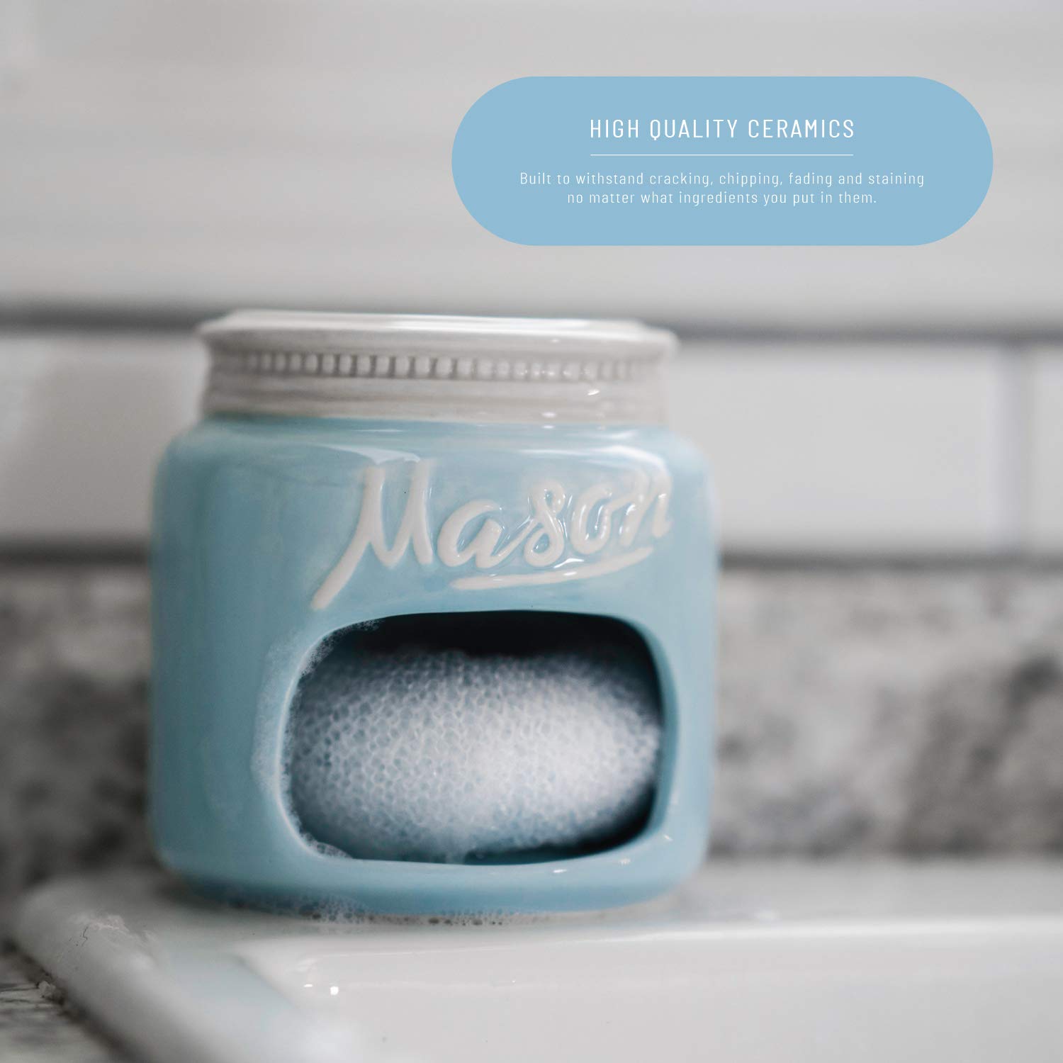 Blue Ceramic Mason Jar Kitchen Sink Sponge Holder – Farmhouse Kitchen Accessories, Ceramic Sponge Holder - Dishwashing & Cleaning Organizer - Holiday Gift for Family, Friends & Collectors