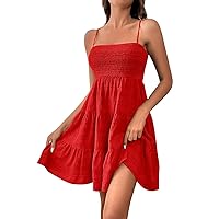 Womens Summer Dresses Casual Square Neck Sleeveless Spaghetti Strap Sundress Solid A Line Tiered Tank Beach Dress