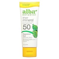 Alba Botanica Sheer Mineral Sunscreen Lotion, Broad Spectrum SPF 50, Fragrance Free, 3 fl oz