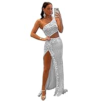 Lace Sequin Prom Dress for Women Long Mermaid Cutout One Shoulder Formal Evening Dresses with Slit
